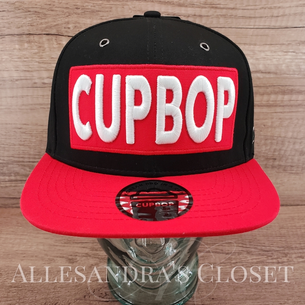 Cupbop Hat Cap Snap Back Black Red Embroidered Embossed Logo Flat Bill Korean